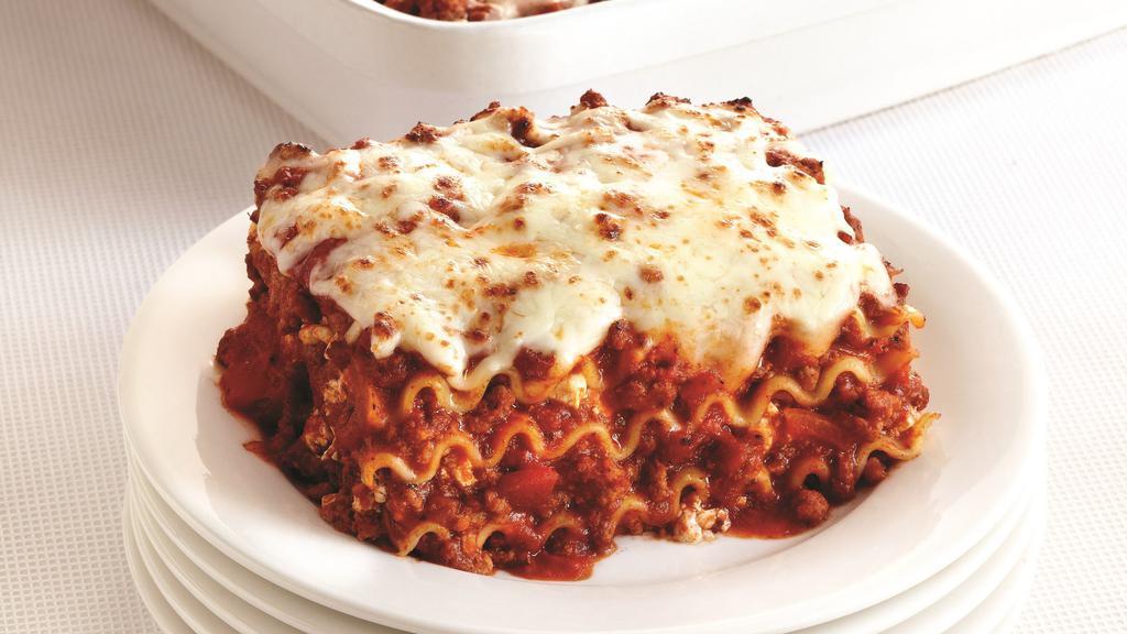 Beef Lasagna · Lasagna noodles, Italian spiced ground beef, marinara sauce and ricotta and mozzarella cheeses. Served cold in a microwavable container. Reheating required.