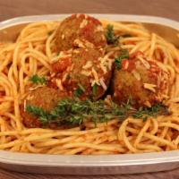Spaghetti with Meatballs · Spaghetti cooked in marinara sauce with beef meatballs. Served cold in a microwavable contai...