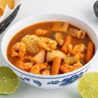 Caldo de Camarones · Shrimp soup with carrots, potatoes, chayote squash & tortillas.