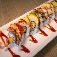 1274  Dragon Roll · Shrimp tempura & cucumber with BBQ eel & avocado.