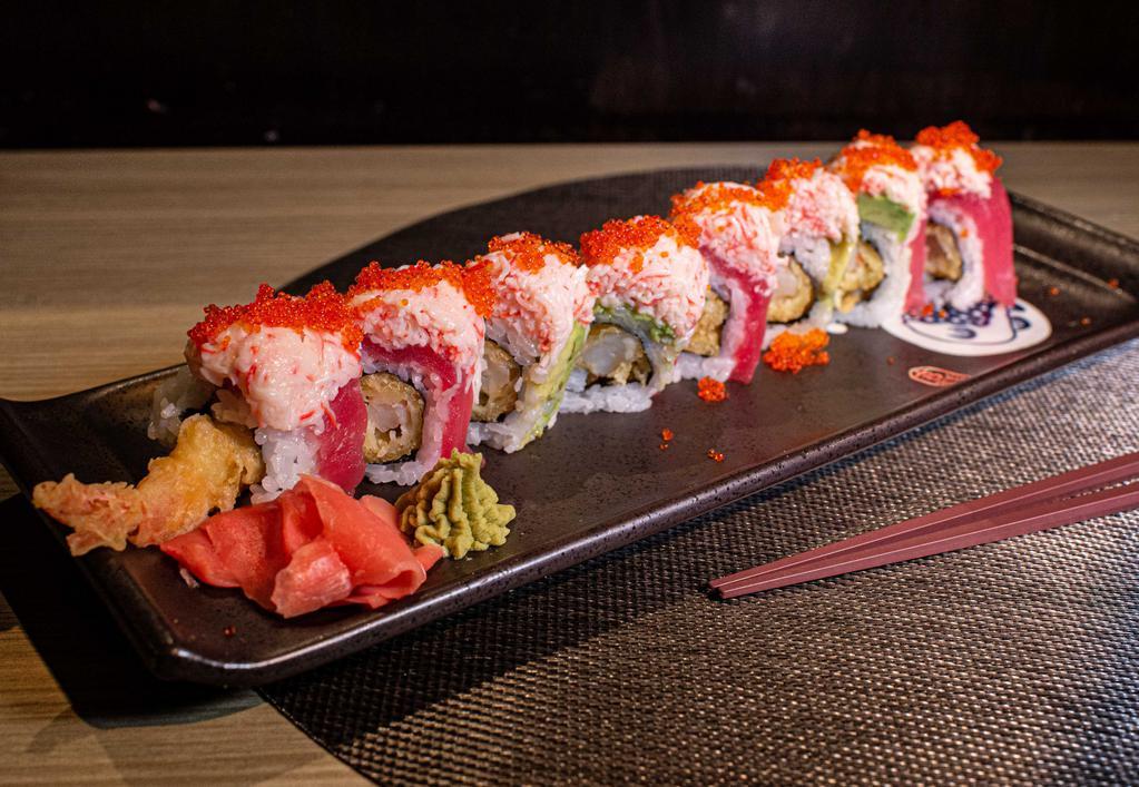 1275 Red Dragon · Shrimp tempura & cucumber with tuna & avocado topped with crab meat & tobiko.