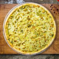 Pesto Pollo Pizza · Grilled chicken, mushrooms, marinated artichoke hearts, chopped garlic, and creamy pesto sau...