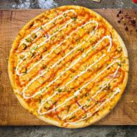 Chicken Garlic Manic Pizza · Grilled chicken, tomatoes, mushrooms, chopped garlic, topped off with green onions on white ...