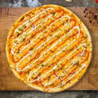 Buffy Buffalo Chicken Pizza · Grilled chicken, smoked bacon, topped off with fresh green onions, a drizzle of ranch baked ...