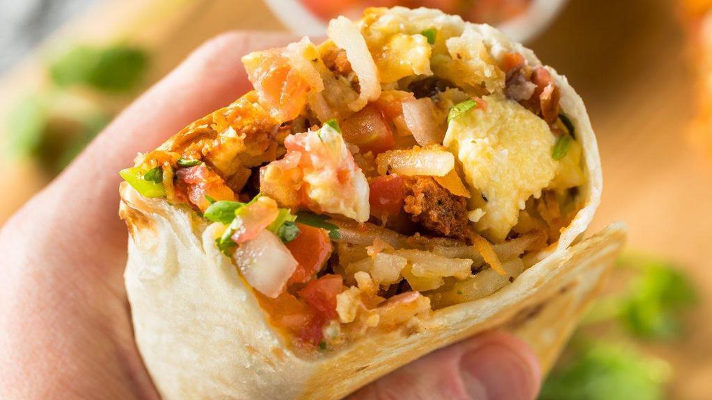 Sleepy Sausage Breakfast Burrito · Two scrambled eggs with delicious breakfast sausage, crispy home fries, and melted cheese wrapped up in a 12
