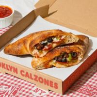 Coney Island Calzone · Calzone with pepperoni, peppers, olives, onions, melted mozzarella and a side of marinara.