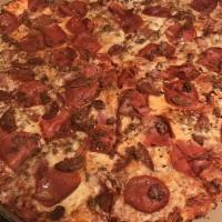 Meat Lover's Pizza (Medium) · Pizza with pepperioni, ham, sausage, shredded mozzarella with red sauce.