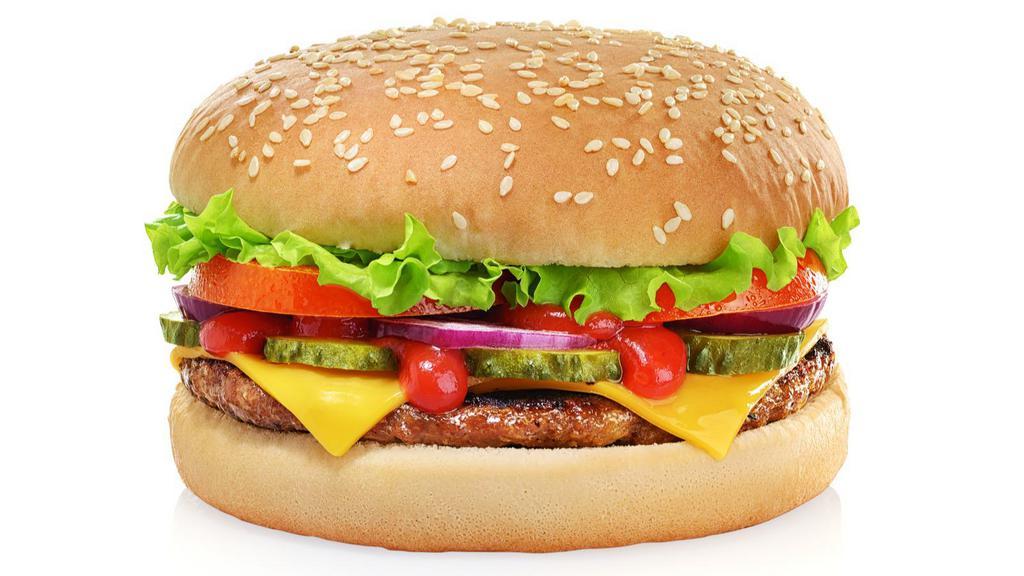 Classic Hamburger · Sizzling beef patty topped on with lettuce, tomatoes, pickles, onions, ketchup and mustard on a sesame seed bun.