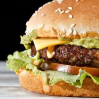 Deluxe Avocado Cheeseburger · Fresh grilled beef patty on a soft bun topped with creamy avocado, cheese, lettuce, tomato, ...