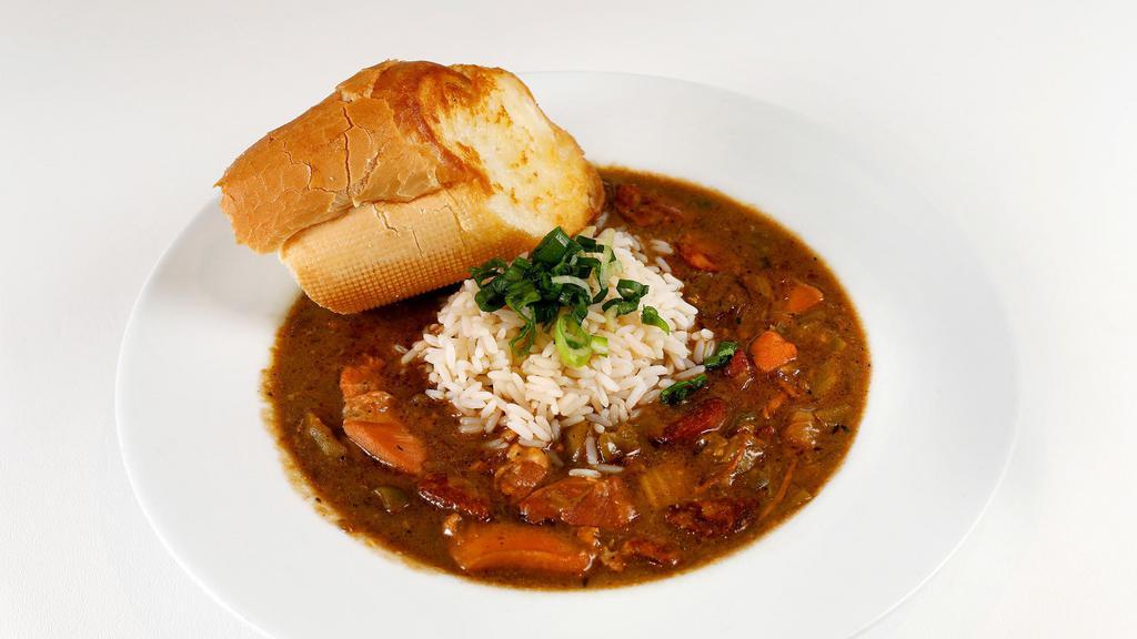Chicken & Andouille Gumbo · Chicken, andouille sausage & okra gumbo with white rice & scallion. Cup or Bowl. (Bowl served with french bread)