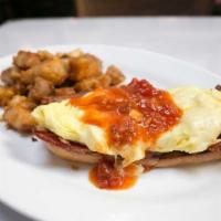Bacon & Egg Tartine · Toasted french roll topped with scrambled eggs, bacon, swiss and tomato-bacon relish. Side g...