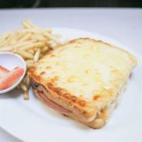 Croque Monsieur · baked ham & swiss with béchamel sauce on sliced sourdough. Or top it with and egg to make a ...