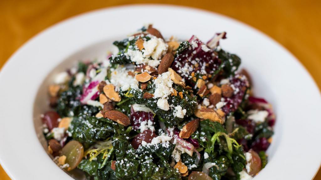 Kale & Chicory Salad · Kale, frisee & radicchio, red grapes, red onion, cow's milk feta cheese with sugarcane vinaigrette
