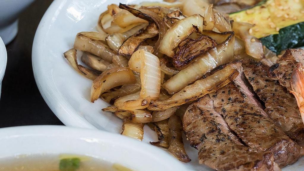 Hibachi Steak · New York strip steak* and mushrooms teppanyaki grilled to your specification.