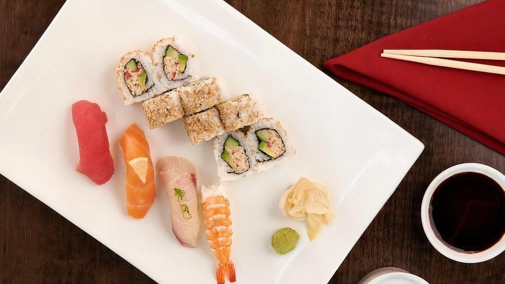 Sushi Combination  · Comes with: . - California Roll. - A piece of Shrimp nigiri. - A piece of Tuna nigiri. - A piece of Salmon nigiri. - A piece of Yellowtail. - Benihana salad. - Miso soup