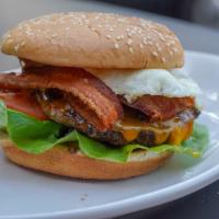 Breakfast Bacon Burger · Cheese, bacon & fried egg.