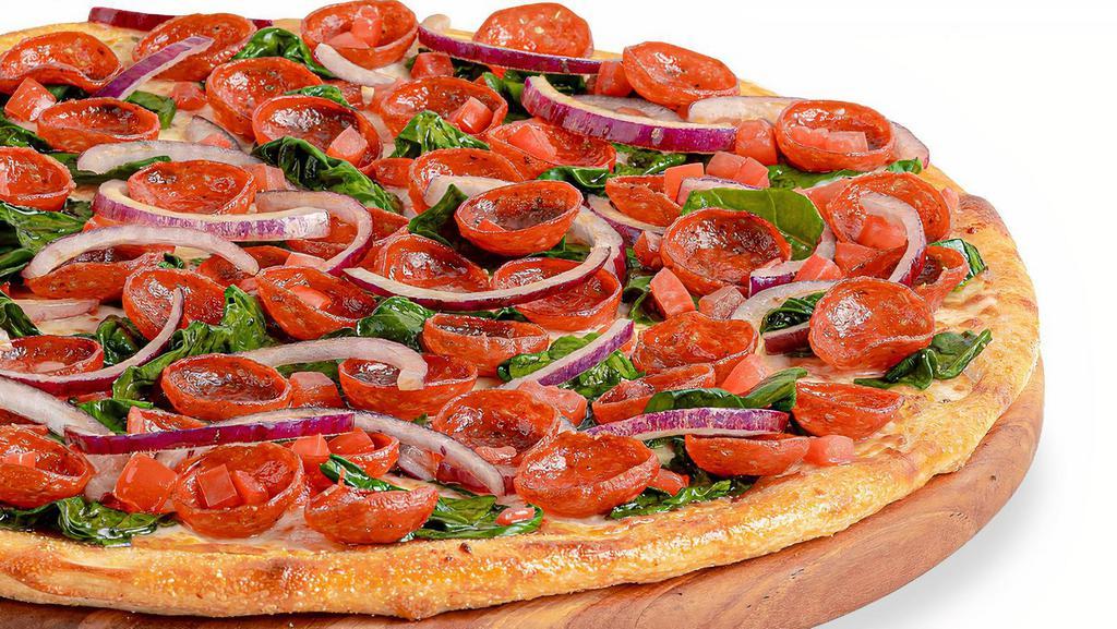 Ultimate Spinach Pepperoni · Signature white garlic sauce on our Tuscany thin crust, topped with 100% whole milk mozzarella cheese, baby spinach, cup & crisp pepperoni, sliced red onions, and diced tomatoes.