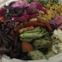 Grilled Mixed Veggie Rice Bowl · Original hummus topped with fresh grilled veggies, romaine cucumber tomato salad, tahini, an...