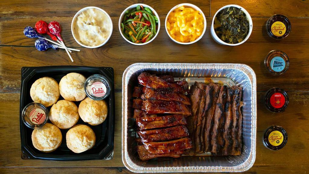 Easy Feast - Brisket & Ribs · Served family-style for 4 or more.. Your choice of St. Louis or baby back ribs and beef brisket with your choice of four pints of sides.