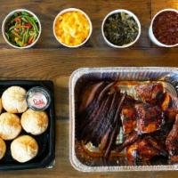 EASY FEAST - CHICKEN & TRI TIP · Served family-style for 4 or more.. Whole smoked BBQ chicken and tri tip with your choice of...