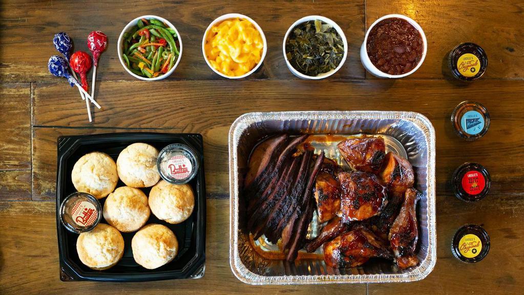 Easy Feast - Chicken & Tri Tip · Served family-style for 4 or more.. Whole smoked BBQ chicken and tri tip with your choice of four pints of sides.