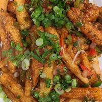 BABY CORN CHILLI 🌶 🌶 🌶 · VE - Sautéed with Onions, Bell Pepper, and House Special Chilli Sauce