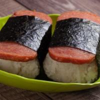 Spam Musubi (2 pcs) · Rice and spam wrapped tightly around with seaweed with sauce inside.