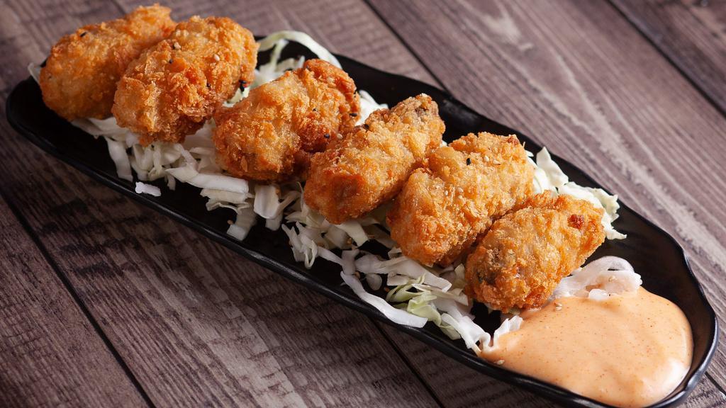 Kaki Fry (6 pcs) · Deep fried oysters with a side of spicy mayo.