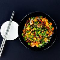 Chashu Rice · Pork belly chashu, peas, carrots, corn, green onion on rice.