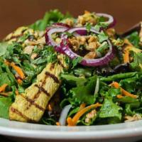 Bangkok · Organic mixed greens served with ginger curry marinated grilled chicken, red onions, mint, s...