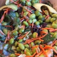 Edamame Salad · Organic edamame, spring mixed greens, shredded carrots, and white balsamic vinaigrette.