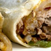 Philly Wrap with Jalapeños · Fresh wrap made with Gyro meat, jalapeños, grilled mushrooms, bell peppers, onions, and Swis...