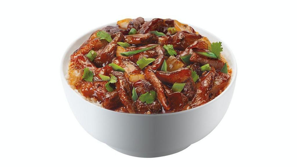 Chinese BBQ Pork · Tender, savory pork in sweet chinese bbq sauce. Served with steamed rice.