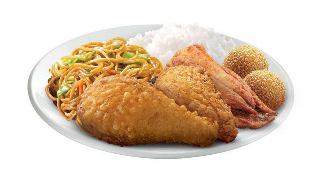 2Pc Chinese-Style Fried Chicken + 1Pc Bangus Lauriat · Favorite rice meal entrées, served with steamed rice, half-serving of pancit canton, 1pcs buchi for dessert.. Please note that if Buchi is unavailable, Siomai will be substituted.