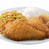 2Pc Chinese-Style Fried Chicken Lauriat · Favorite rice meal entrées, served with steamed rice, half-serving of pancit canton, 1pc buc...