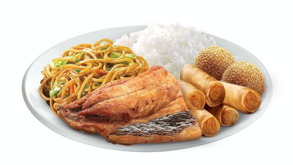 1Pc Bangus + 5Pc Lumpiang Shanghai Lauriat · Favorite rice meal entrées, served with steamed rice, half-serving of pancit canton, 2pcs buchi for dessert.. Please note that if Buchi is unavailable, Siomai will be substituted.