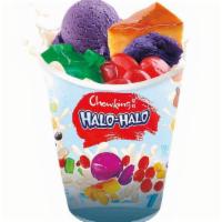 Halo-Halo · Sweet shaved ice dessert topped with a mixture of sweetened preserved fruits and beans, ube ...