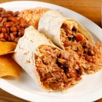 Una Mas Burrito · CHOOSE THE MEAT:Flour tortila, Mexican rice, pinto beans, salsa Fresca and cheese.
Complimen...