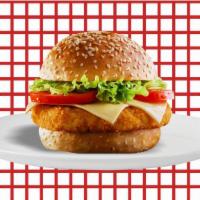 Crispy Chicken Burger  · Crispy chicken, mayo, buffalo sauce, lettuce, tomato, onion, and American cheese.