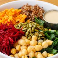 Whole Health Protein Bowl · Kale, organic mixed greens, quinoa, roasted sweet potato, raw beets, garbanzo beans, pepitas...