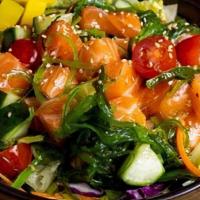 Salmon Poke Combo · Fresh salmon and veggies with Hawaiian sauce. Served with Choice of two add-ons and miso sou...