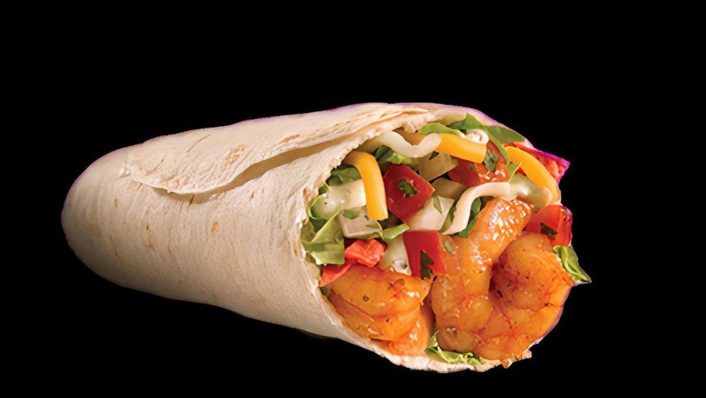 SHRIMP BURRITO · Flour tortilla  stuffed with Grilled Shrimp, sauteed with strips of bell peppers, onions & tomatoes, with rice, whole pinto beans, sour cream, cheese, guacamole & salsa.