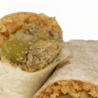 CHILE VERDE BURRITO · Green chili pork stew wrapped in flour tortilla with rice and whole pinto beans.