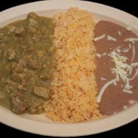 CHILE VERDE · Green chili pork served with rice, refried beans topped with cheese and corn tortillas