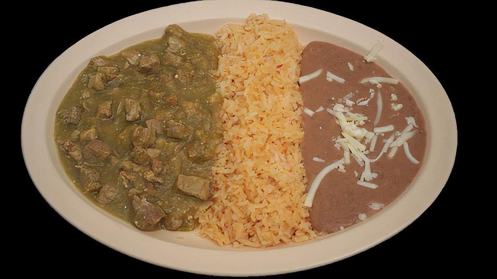 CHILE VERDE · Green chili pork served with rice, refried beans topped with cheese and corn tortillas