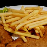 BREADDED CHICKEN with FRIES & SALAD · Breaded Chicken breast with a side of salad and french fries