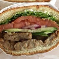 Teriyaki Chicken Meatball Sandwich · Chicken meatball, mayo, lettuce, tomato, onion and cucumber on toasted French roll.