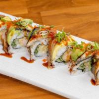 Dragon Roll · Shrimp tempura and cucumber topped with avocado, eel, scallion, and tobiko.
