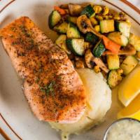 Fresh Grilled Salmon Dinner · finished with lemon herb butter and a side of tartar sauce
