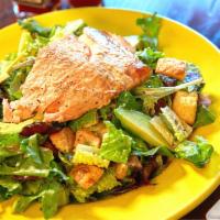 Smoked Salmon Salad · Freshly smoked salmon on top of mixed greens, sliced avocado, homemade croutons with balsami...